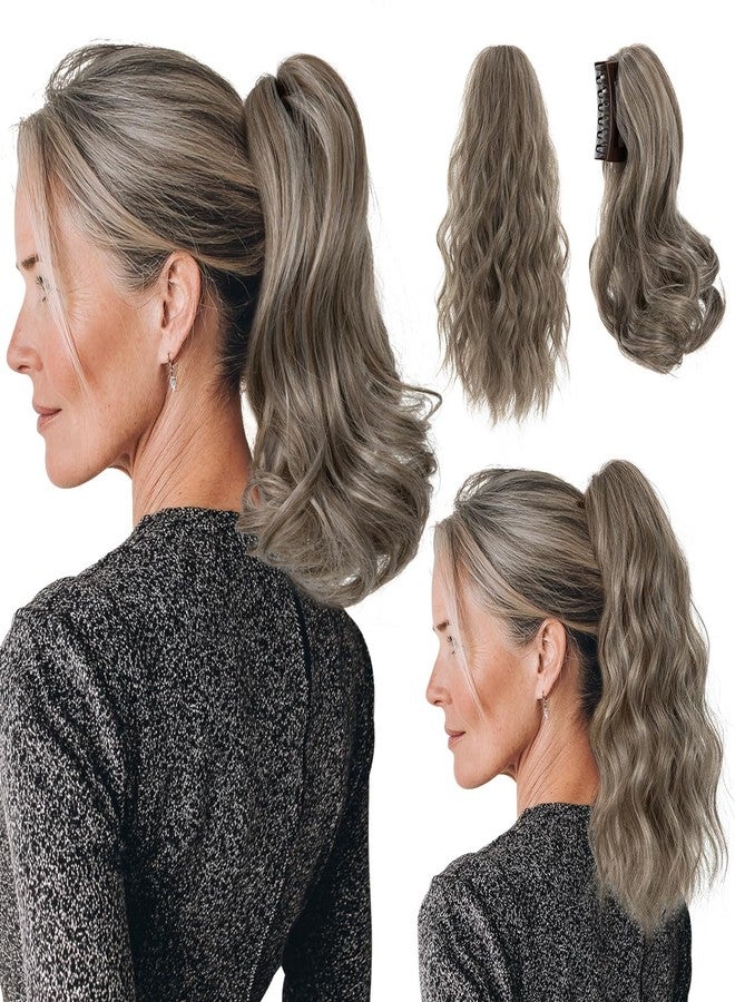 youngways 2 PCS Ponytail Extensions Claw Clip Short Pony Tails Wavy Curly Synthetic Hairpieces for Women 12 Inch + 14Inch Set Middle Grey - Image 1